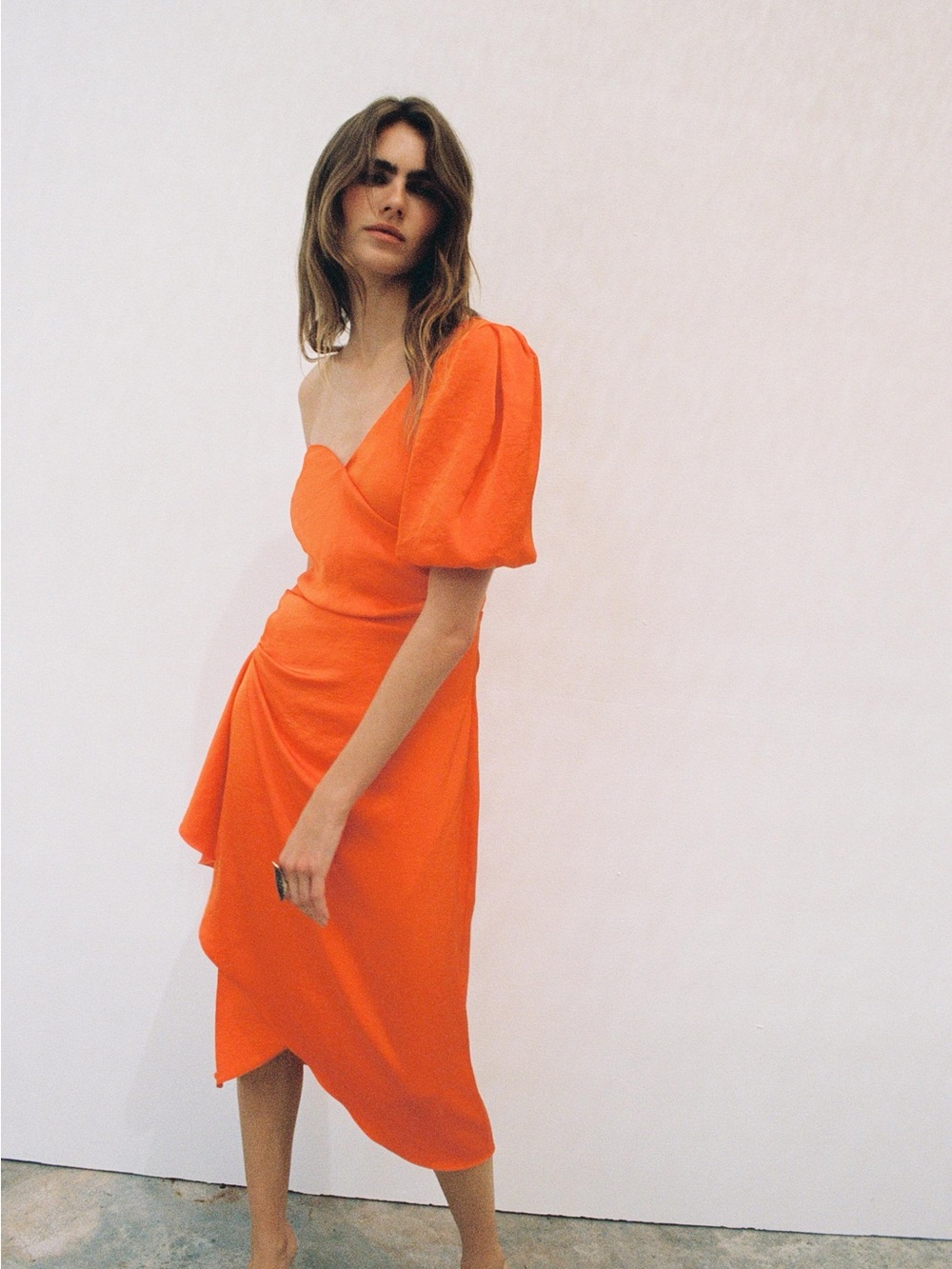 Zara Orange One-Shoulder Puff Sleeve Midi Dress